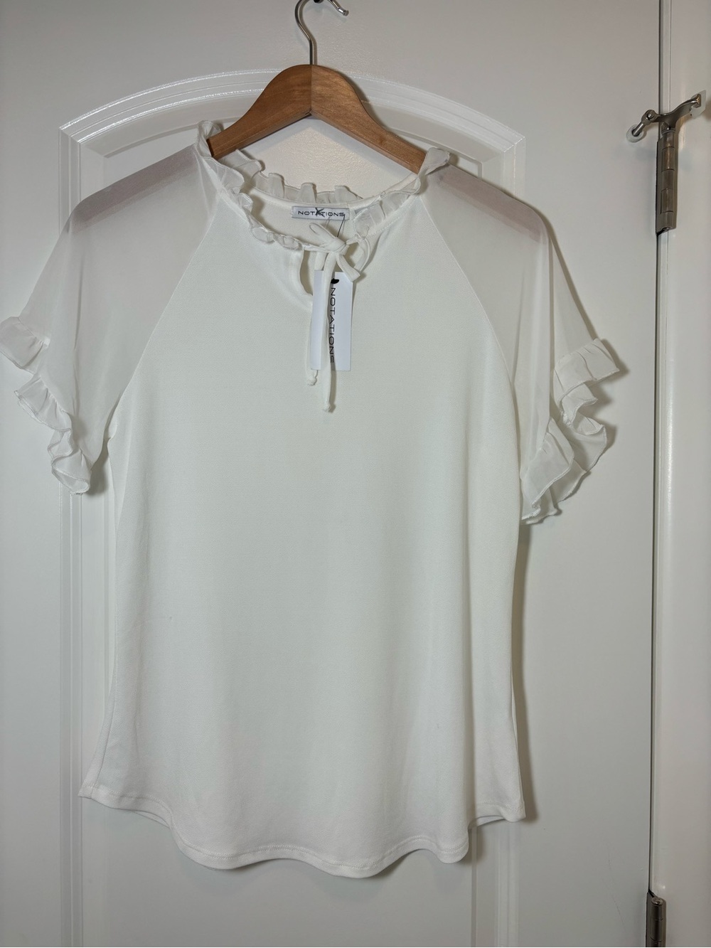 Notations White Ruffle Sleeve Sheer Yoke Top